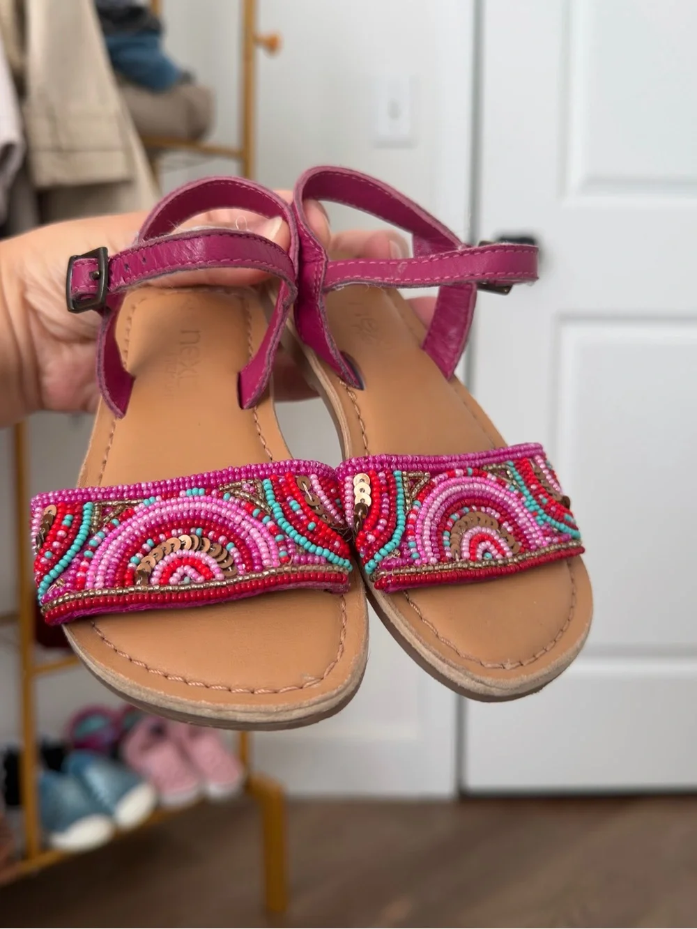 NEXT Magenta Pink Beaded Ankle-Strap Sandals Adjustable Size 7c Toddler Girl